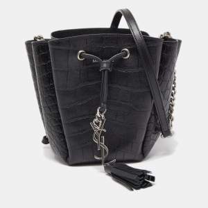 Saint Laurent Black Croc Embossed Leather Mini Emmanuelle Bucket Bag