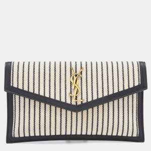 Saint Laurent Beige/Black Striped Canvas and Leather Medium Uptown Clutch