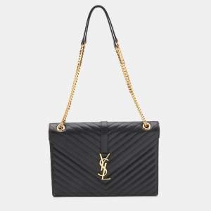 Saint Laurent Black Matelassé Leather Large Monogram Envelope Shoulder Bag