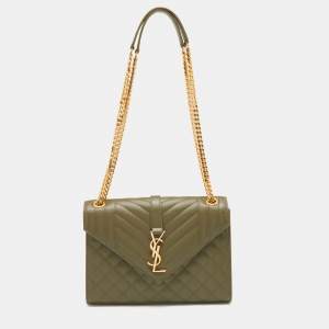 Saint Laurent Green Mix Matelassé Leather Medium Envelope Chain Bag