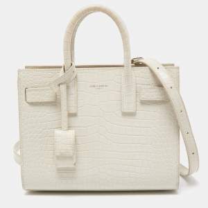 Saint Laurent White Croc Leather Nano Classic Sac De Jour Tote