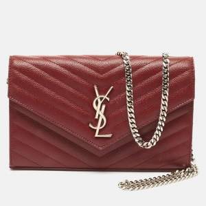 Saint Laurent Red Matelassé Leather Cassandre Wallet on Chain