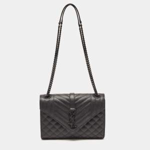 Saint Laurent Black Mix Matelasse Leather Medium Envelope Chain Shoulder Bag
