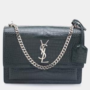 Saint Laurent Green Croc Embossed Leather Medium Sunset Shoulder Bag