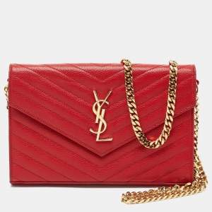 Saint Laurent Red Matelasse Leather Monogram Envelope Wallet on Chain