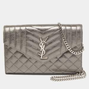 Saint Laurent Gun Metal Tri Quilted Leather Monogram Envelope Wallet on Chain