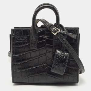 Saint Laurent Black Croc Embossed Leather Toy Classic Sac De Jour Tote