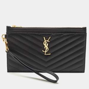 Saint Laurent Black Matelassé Leather Large Cassandre Zip Pouch