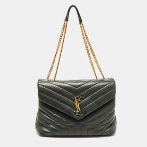 Saint Laurent Dark Green Matelassé Leather Medium LouLou Shoulder Bag