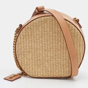Saint Laurent Beige/Tan Raffia and Leather Small Mica Crossbody Bag 
