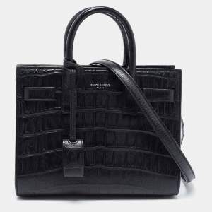 Saint Laurent Black Croc Leather Nano Classic Sac De Jour Tote