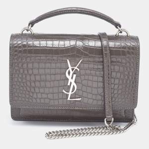 Saint Laurent Grey Croc Embossed Leather Sunset Crossbody Bag