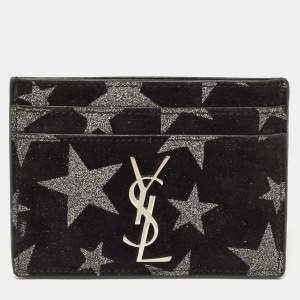 Pre Owned Saint Laurent Black Suede Glitter Star Monogram Card Holder 