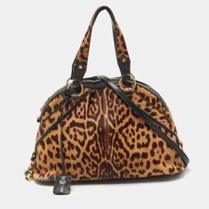 Saint Laurent Black/Brown Leopard Print Calfhair and Leather Muse Satchel