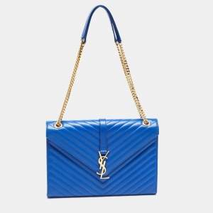 Saint Laurent Blue Matelassé Leather Large Monogram Envelope Shoulder Bag