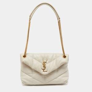 Pre Owned Saint Laurent White Leather Small Puffer Chain Shoulder Bag