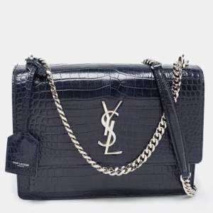 Saint Laurent Navy Blue Croc Embossed Leather Medium Sunset Shoulder Bag