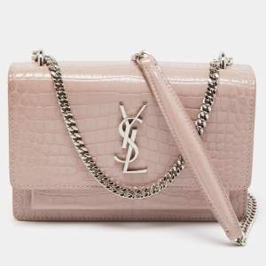 Saint Laurent Lilac Croc Embossed Leather Sunset Wallet On Chain
