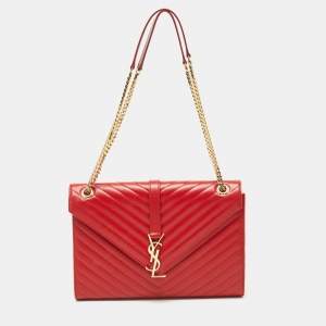 Saint Laurent Red Matelassé Leather Large Monogram Envelope Shoulder Bag