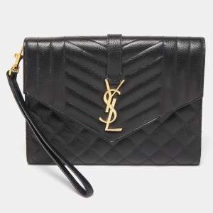 Saint Laurent Black Leather Envelope Flap Wristlet Clutch 