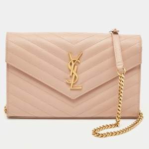 Saint Laurent Old Rose Matelassé Leather Cassandre Wallet on Chain