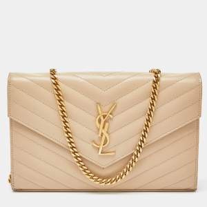 Saint Laurent Beige Matelasse Leather Monogram Envelope Wallet on Chain