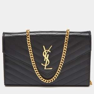 Saint Laurent Black Matelasse Leather Monogram Envelope Wallet on Chain