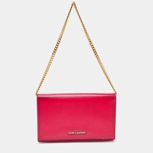 Saint Laurent Fuchsia Textured Patent Leather Classic Wallet on Chain