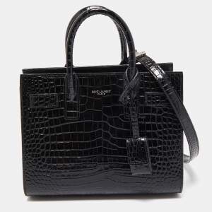 Saint Laurent Black Croc Embossed Leather Nano Classic Sac De Jour Tote