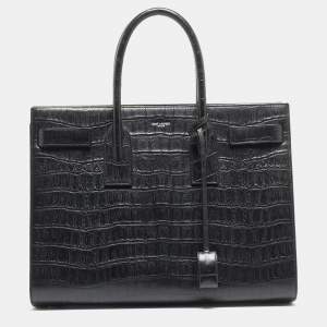 Saint Laurent Black Croc Embossed Leather Large Sac De Jour Tote
