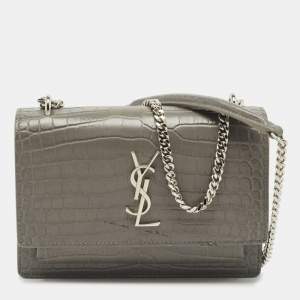 Saint Laurent Grey Croc Embossed Leather Mini Sunset Chain Bag