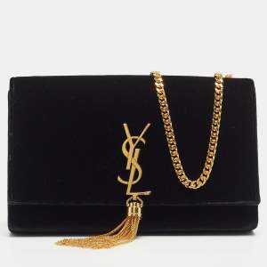 Saint Laurent Black Velvet Monogram Kate Tassel Chain Bag