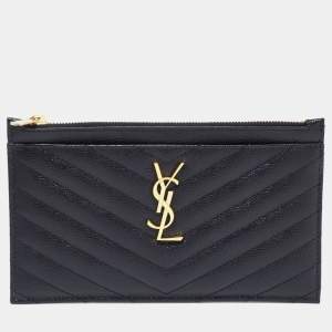 Saint Laurent Black Matelassé Leather Monogram Zip Clutch 