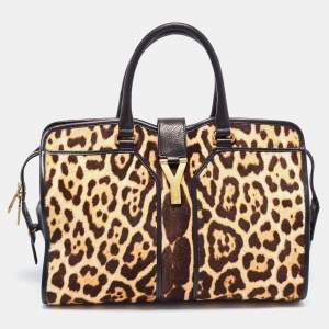 Saint Laurent Black Leather and Leopard Calfhair Medium Cabas Chyc Tote