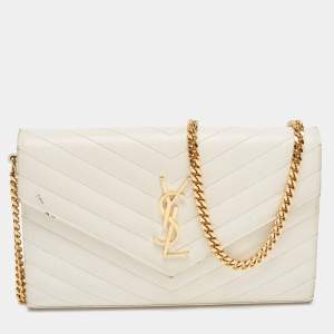Saint Laurent White Matelasse Leather Monogram Envelope Wallet on Chain