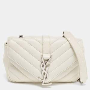 Saint Laurent Off White Matelassé Leather Baby Monogram Flap Bag