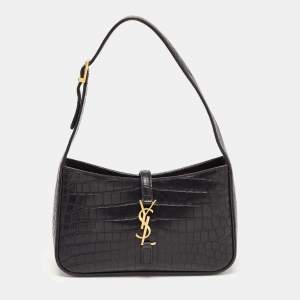 Saint Laurent Black Croc Embossed Leather Le 5 À 7 Hobo