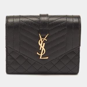 Saint Laurent Black Mix Matelassé Grain Leather Envelope Trifold Compact Wallet