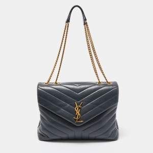 Saint Laurent Dark Grey Monogram Leather Loulou Shoulder Bag