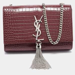 Saint Laurent Burgundy Croc Embossed Leather New Medium Kate Shoulder Bag
