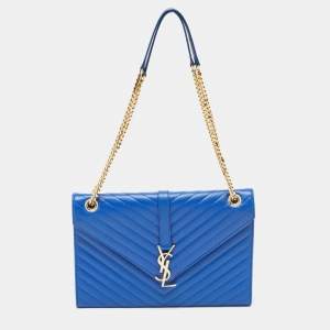 Saint Laurent Blue Matelassé Leather Large Monogram Envelope Shoulder Bag