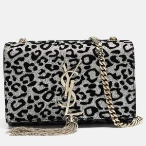 Pre Owned Saint Laurent Black/Silver Leopard Print Leather and Glitter Kate Tassel Flap Chain Crossbody Bag