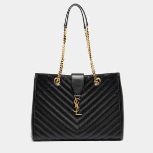 Saint Laurent Black Chevron Leather Classic Monogram Shopping Tote