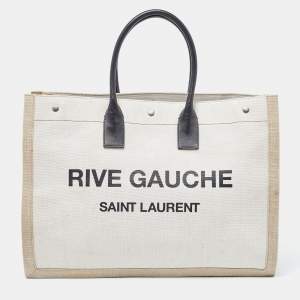 Saint Laurent Beige/Black Canvas and Leather Rive Gauche Shopper Tote 