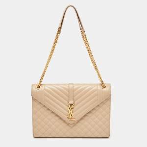 Saint Laurent Beige Mixed Quilted Leather Large Monogram Envelope Shoulder Bag
