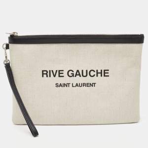 Saint Laurent Off White/Black Canvas and Leather Rive Gauche Zip Clutch