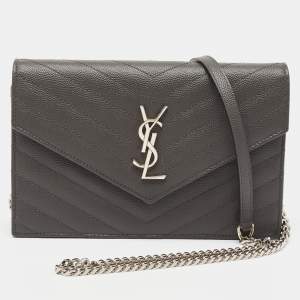 Saint Laurent Grey Matelassé Leather Monogram Envelope Wallet on Chain