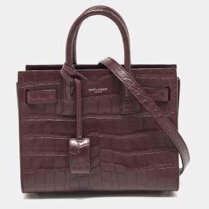 Saint Laurent Burgundy Croc Embossed Leather Nano Classic Sac De Jour Tote