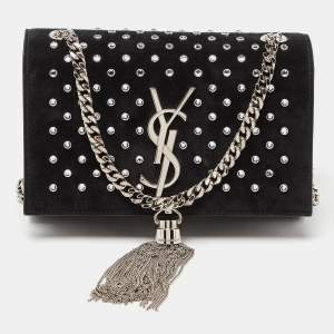 Saint Laurent Black Suede Small Monogram Kate Tassel Shoulder Bag