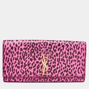 Saint Laurent Neon Pink Leopard Print Leather Monogram Cassandre Clutch